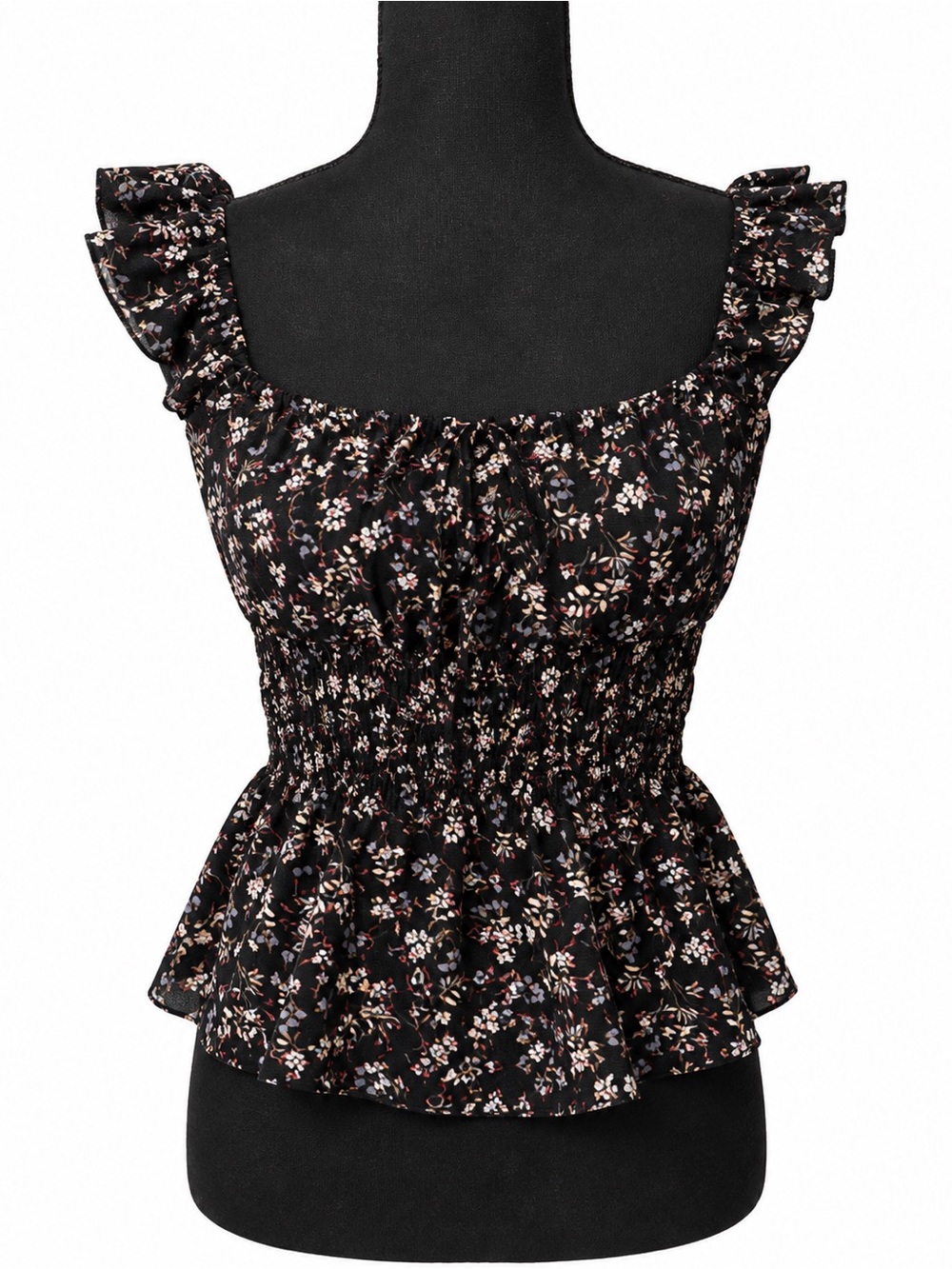 Moa Moa Black Floral Smocked Peplum Tank